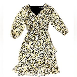 Karl Lagerfeld Floral Faux Wrap Belted Peasant Sleeve Midi Shift Flounce Dress